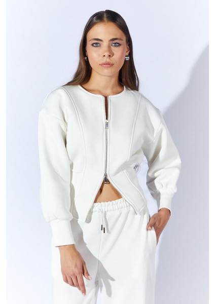 Kadın Ekru Kalın Ribana Detaylı Fermuarlı Üç Iplik Sweatshirt modelleri