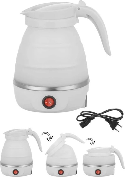 Katlanabilir Kamp ve Piknik Mini Elektrikli Su Isıtıcı, Silikon Kaplı, Beyaz