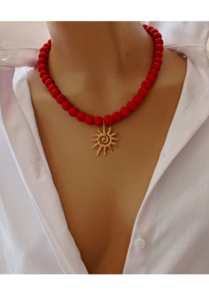 Kırmızı Mat Cam Boncuk Güneş Kolye – 42 cm Çelik Uçlu modelleri