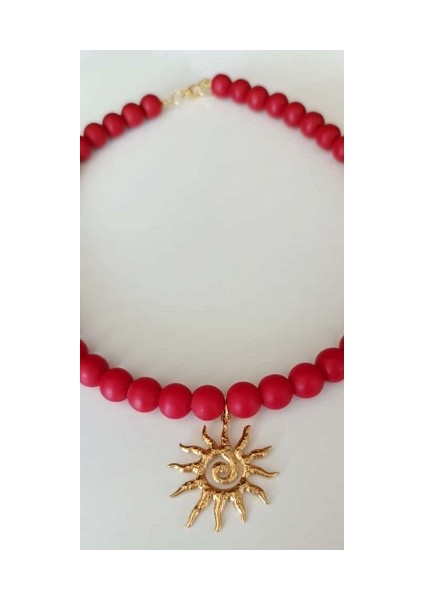 Kırmızı Mat Cam Boncuk Güneş Kolye – 42 cm Çelik Uçlu fırsatları