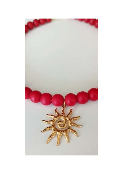 Kırmızı Mat Cam Boncuk Güneş Kolye – 42 cm Çelik Uçlu indirimleri
