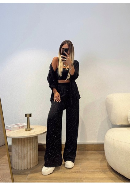 Buketli Kadın Dokuma Taş Detay Gömlekli Takım