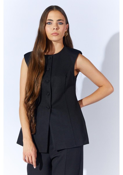 Kadın Siyah 1191 Kaplama Düğmeli Peplum Model Yelek