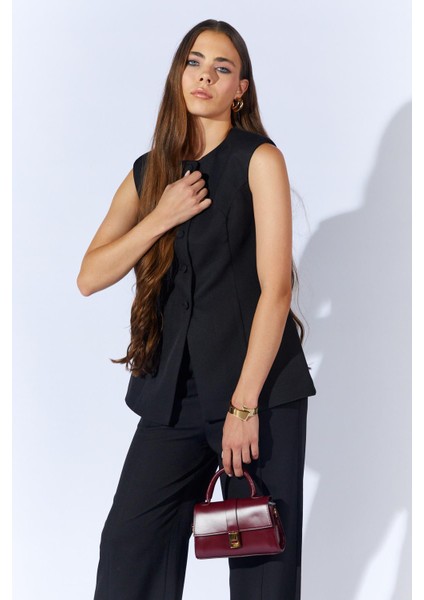 Kadın Siyah 1191 Kaplama Düğmeli Peplum Model Yelek fiyatları