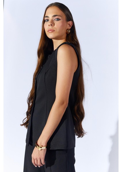 Kadın Siyah 1191 Kaplama Düğmeli Peplum Model Yelek modelleri