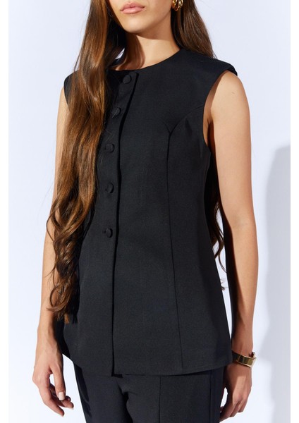 Kadın Siyah 1191 Kaplama Düğmeli Peplum Model Yelek indirimleri