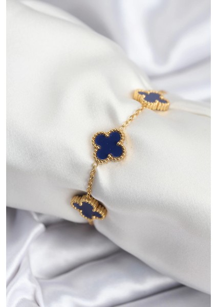 Bfs 316L Çelik Zincir Gold Renk Lacivert Yonca Kadın Bileklik