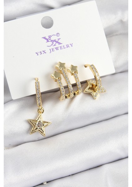 Bfs Pirinç Zirkon Taşlı Sallantılı Yıldız Model Gold Renk 3'lü Kadın Küpe