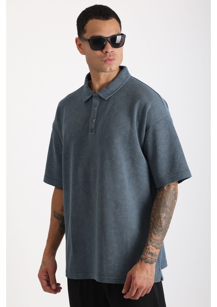 Eskitme Efektli Yıkamalı Double Pike Kumaş Erkek Polo Yaka Loose Fit Tişört indirimleri