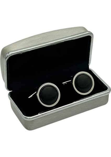 Siyah Taşlı ve Gümüş Renk Çerçeveli Metal Kol Düğmesi fiyatları