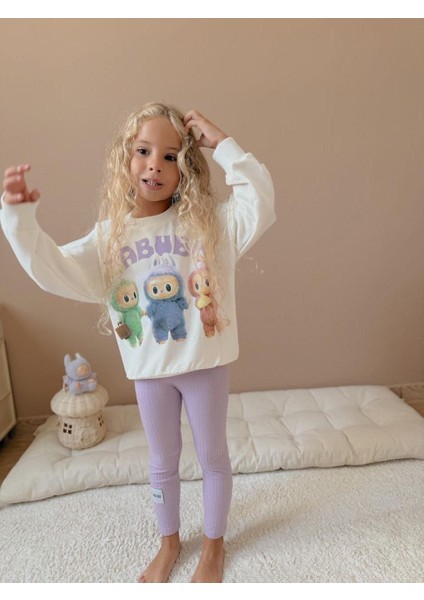 Kız Çocuk Beyaz Karakter Baskılı Sweatshirt ve Lila Ribana Tayt Takımı – 2’li Günlük Set fiyatları