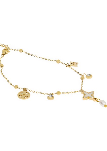 Kadın Sallanan Çiçekler ve Tektaş Model Gold Renk Çelik Halhal