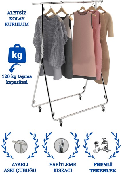 Katlanabilir Lüks Ayaklı Kıyafet Askısı Tekerlekli Askılık Metal Askılık