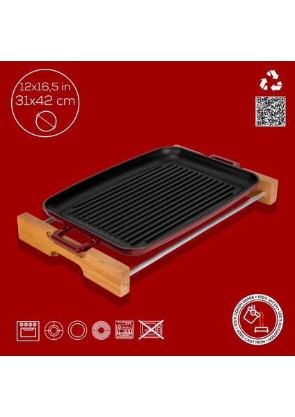 Döküm Dikdörtgen Izgara Tepsi Kayın Servis Ahşabı Döküm Demir Yekpare Çift Kulplu Ölçü 31X42CM.-BORDO fırsatları