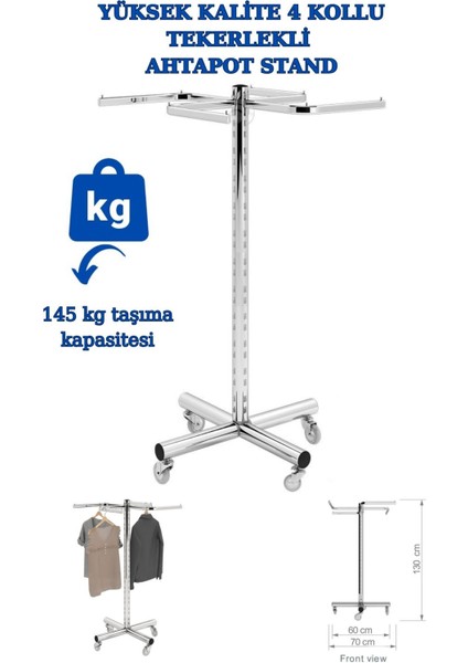 Yüksek Kalite Dört Kollu Tekerlekli Elbise Askılığı Mağaza Askısı Etek Askısı Orta Stand