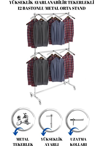 Çift Katlı 12 Adet Askılı Yüksek Kalite Tekerlekli Krom Kaplama Metal Orta Stand