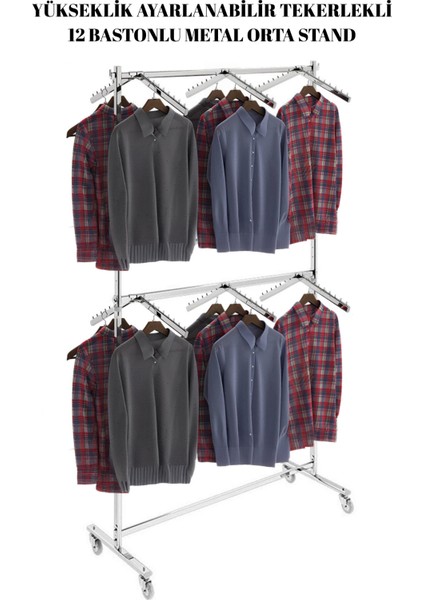 Çift Katlı 12 Adet Askılı Yüksek Kalite Tekerlekli Krom Kaplama Metal Orta Stand fiyatları