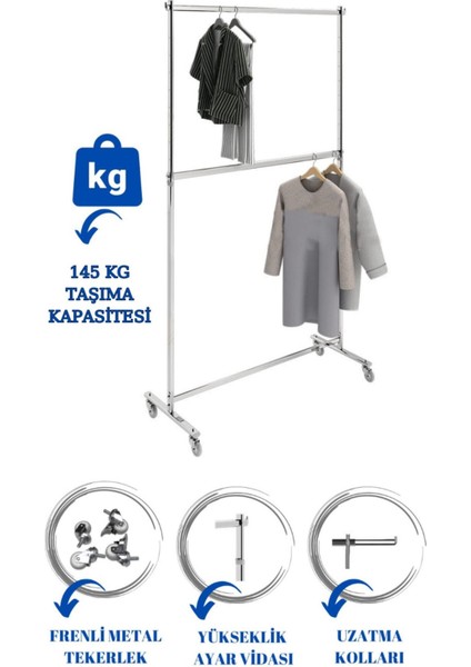 Çift Katlı Frenli Tekerli 145 kg Kapasiteli Orta Askılık Ayaklı Askılık (Eşek)