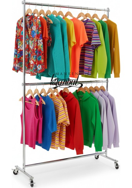 Çift Katlı Frenli Tekerli 145 kg Kapasiteli Orta Askılık Ayaklı Askılık (Eşek) modelleri