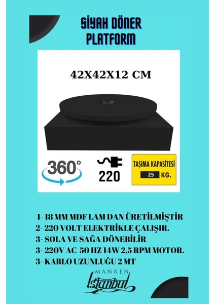 40 cm Çap 220 Volt Elektrik Ile Çalışan Tek Yönlü Siyah Döner Platform Fotoğraf Çekim Standı modelleri