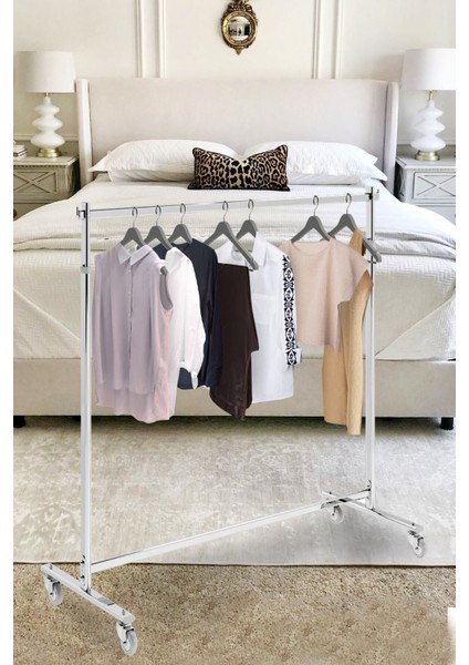 Ev Tipi Kıyafet Askısı Tekerlekli Askılık Orta Stant Metal Elbise Askılığı