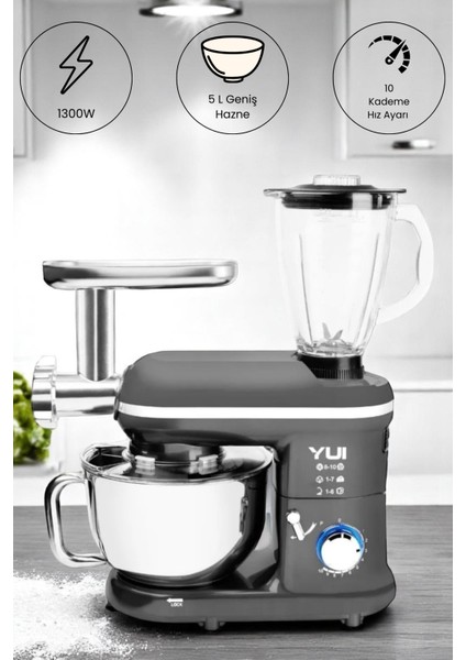 Çok Fonksiyonlu 3'ü Bir Arada Stand Mikser, Kıyma ve Blender Seti Gri