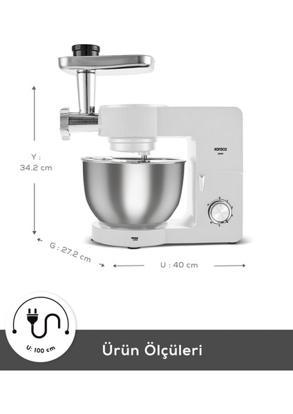 7 Litre Stand Mikser, 2000W, Beyaz, Çok Fonksiyonlu, Güçlü ve Şık Tasarım fiyatları