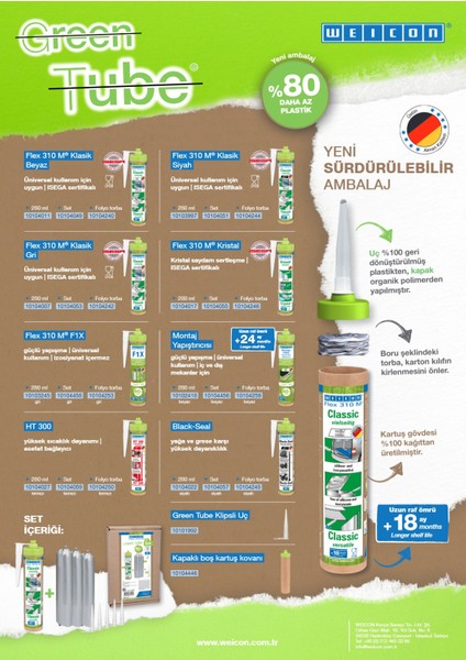 Green Tube Flex 310 M® Kristal Ms-Polimer Bazlı Elastik Yapıştırıcı, 280 Ml, Şeffaf modelleri