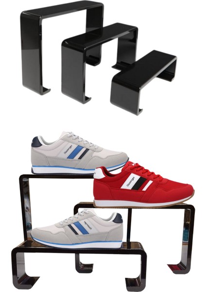 3 Parça Pleksi Siyah Kademeli Ayakkabı Rafı & Ayakkabı Teşhir Standı & Organizer Raf