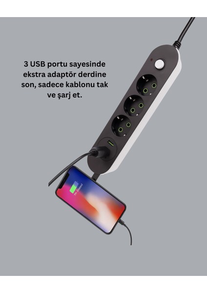USB Yuvalı Anahtarlı Üçlü Priz 2 Metre Kablolu indirimleri