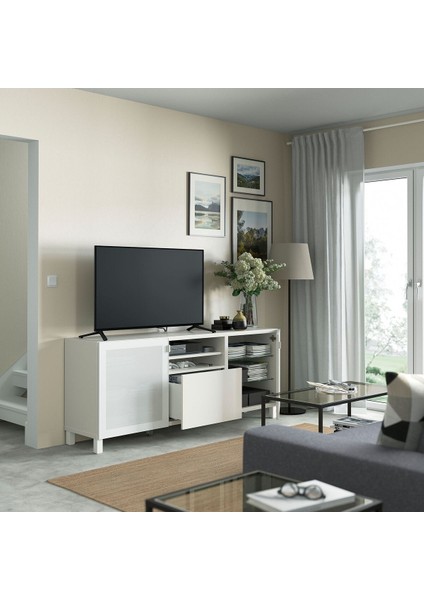 Tv Sehpası, Beyaz, 180X42X74 Cm, Lappvıken/mortvıken, Çıt Çıt Raylı fiyatları