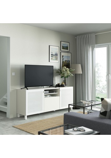 Tv Sehpası, Beyaz, 180X42X74 Cm, Lappvıken/mortvıken, Çıt Çıt Raylı modelleri