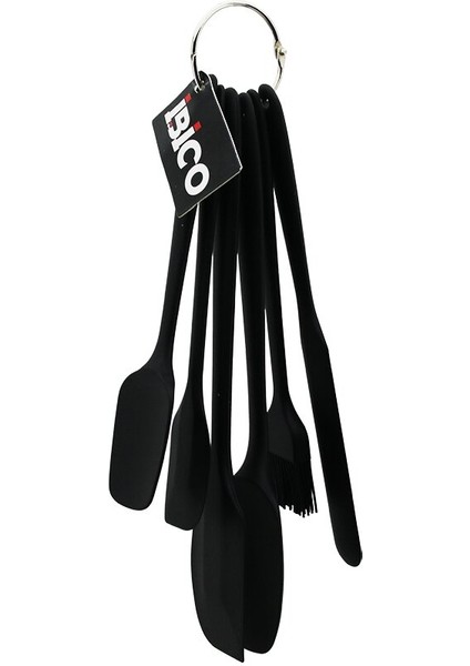 6pcs Silikon - Siyah Mutfak Seti 2 Kaşık - 3 Spatula - Yumurta Fırça Metal Asma Halkalı (5313)