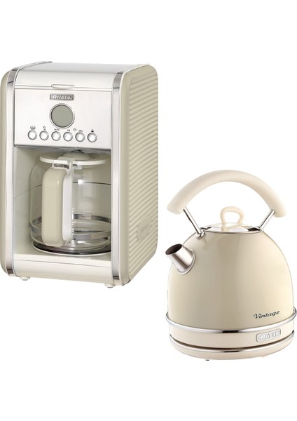 Bej Vintage Filtre Kahve Makinesi ve 1.7l Kettle Seti, Şıklık ve Fonksiyonellik Bir Arada