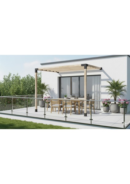2.4 x 2.4 Metre Sundurma Pergole Braket Seti 2 Ana Direkli Üstü Izgaralı Eğimli Sundurma