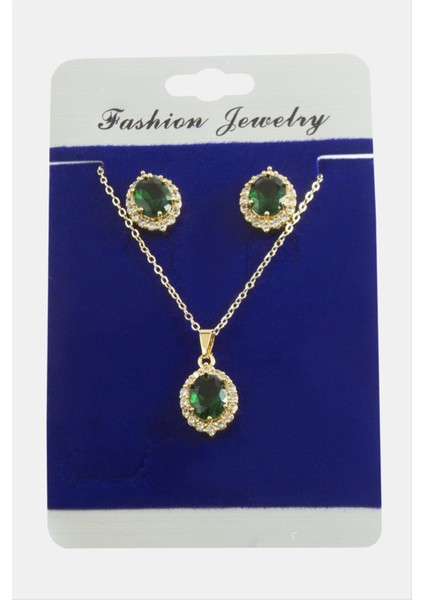 Msa-Shop Oval Zirkon Taşlı Set Kolye-Gümüş Rengi
