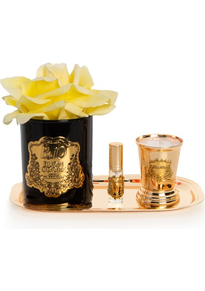Siyah Cam Gold Pirinç Mum ve Gül Set Sarı