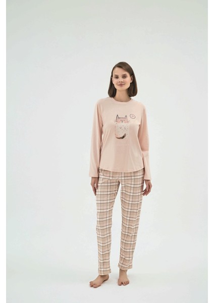 Kadın Pudra Renk Uzun Kollu Bisiklet Yaka Pijama Takımı C9T1N271