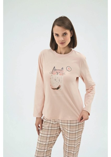 Kadın Pudra Renk Uzun Kollu Bisiklet Yaka Pijama Takımı C9T1N271 modelleri