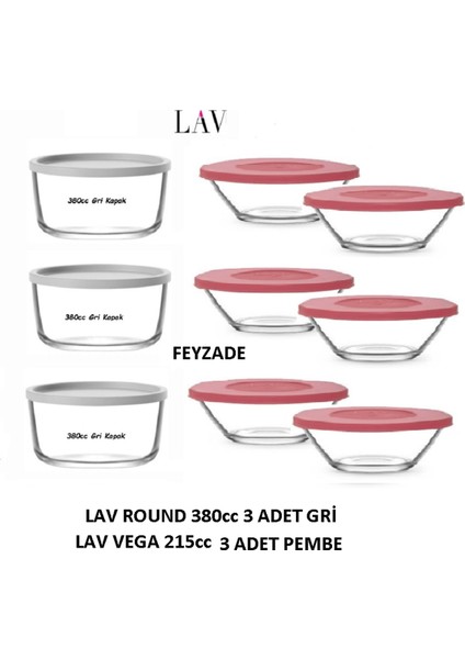 Feyzade Round 380CC Saklama Kabı Seti 3 Adet Gri Kapak - Vega 215CC Saklama Kabı Seti 6 Adet