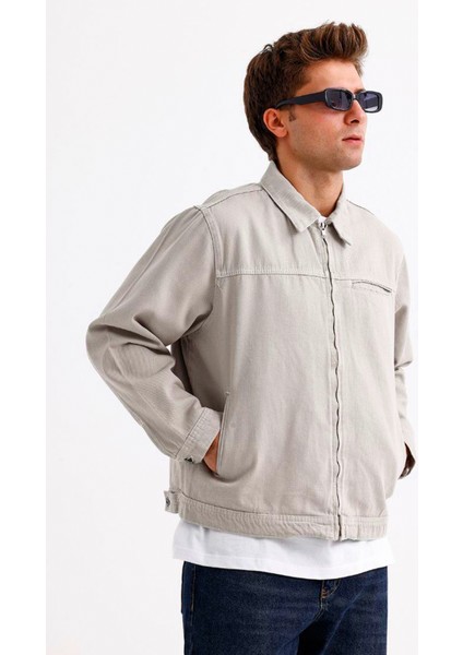 Erkek Bej Oversize Fermuarlı Kot Ceket modelleri