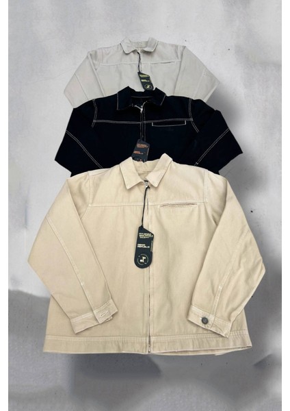 Erkek Bej Oversize Fermuarlı Kot Ceket