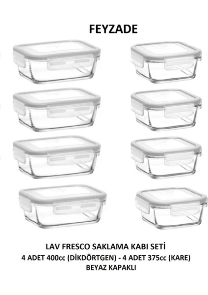 Feyzade Fresco Saklama Kabı Seti 4 Adet 400CC (Dikdörtgen) ve 4 Adet 375CC (Kare)