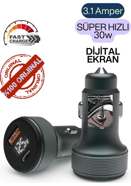 Araç Çakmaklık Şarj Aleti | PD30W 3.1A | LCD Ekranlı | Type-C + USB Hızlı Şarj