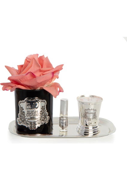 Siyah Cam Silver Pirinç Mum ve Gül Set Mercan
