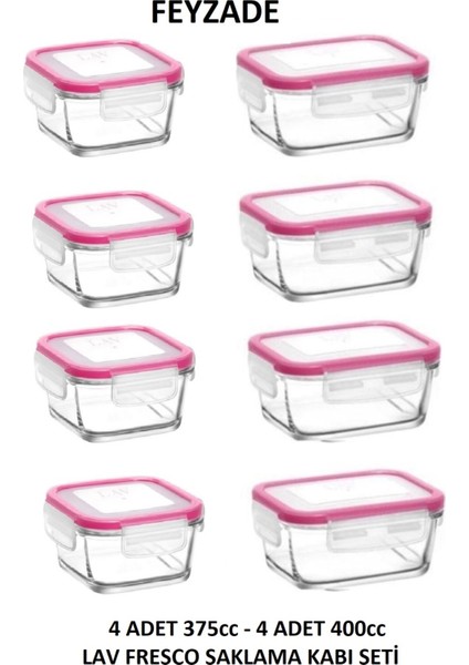 Feyzade Fresco Saklama Kabı Seti 4 Adet 400CC (Dikdörtgen) ve 4 Adet 375CC (Kare)