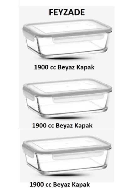 Fresco Kilitli Cam Saklama Kabı (1900CC x 3 Adet) Beyaz Kapaklı (FRS-259)
