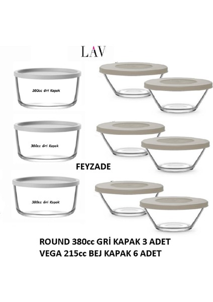 Feyzade Round 380CC Saklama Kabı Seti 3 Adet Gri Kapak - Vega 215CC Saklama Kabı Seti 6 Adet