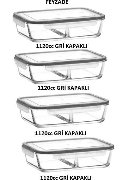 Feyzade Fresco Iki Bölümlü Kilitli Cam Saklama Kabı 4’lü Set 1120CC Dikdörtgen (FRS-297) Gri Kapak