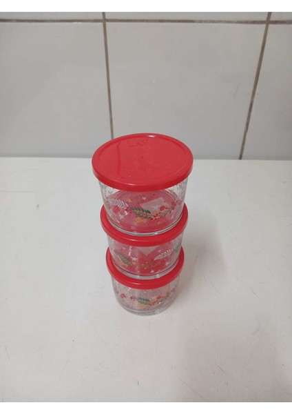 Feyzade Bodega Saklama Kabı (240CCX3 Adet) Kırmızı Kapaklı Çiçek Desenli (LV-BDG-384)